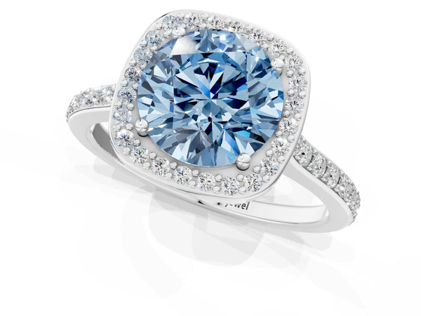 Platinum Fancy Blue Round Cut Halo Round Diamond Pavé Band with Four-Prong Setting
