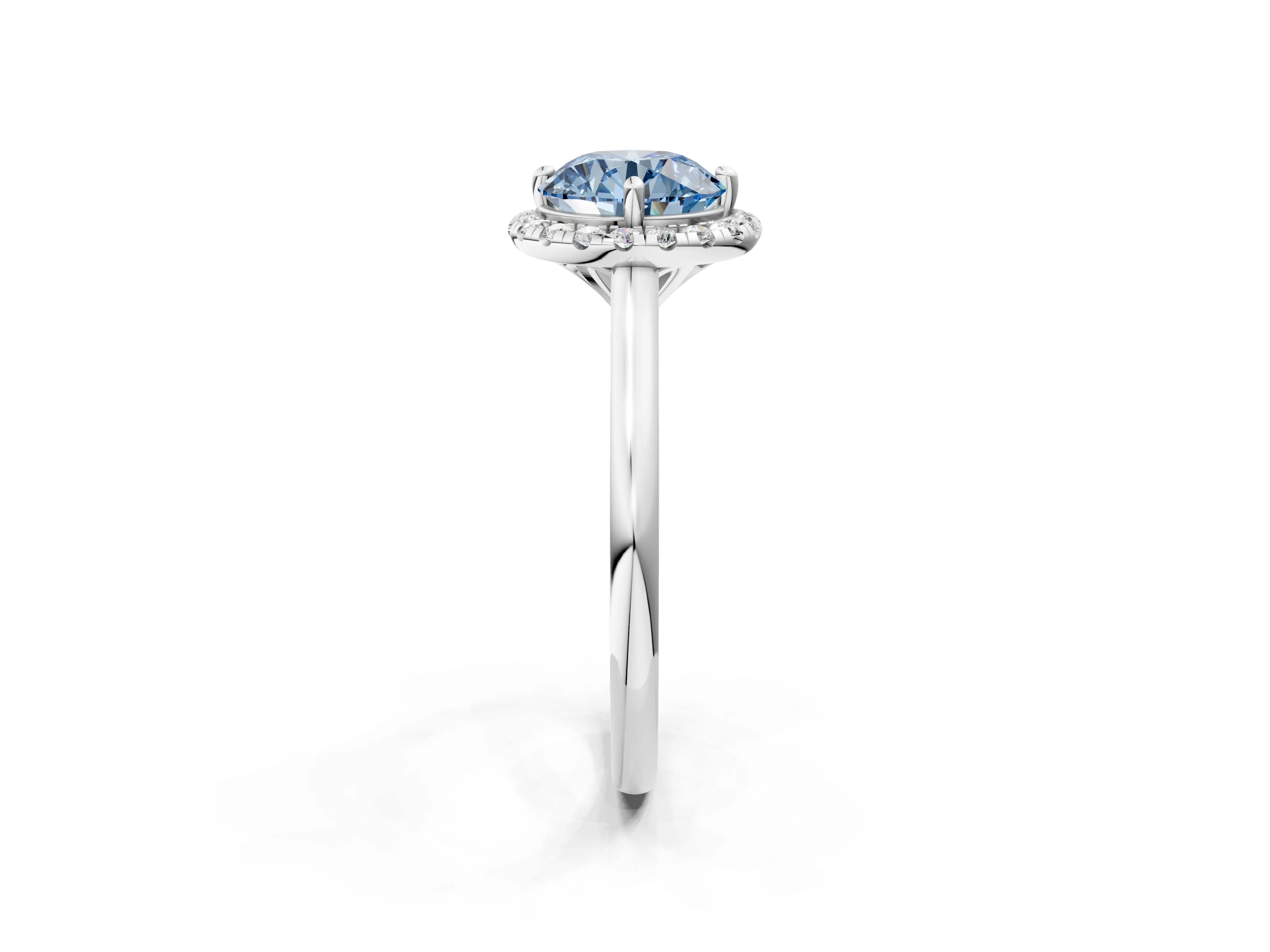 White gold Fancy Blue Round Cut Halo Round Diamond Solitaire Engagement Ring with Pave Band and Four-Prong Setting_2