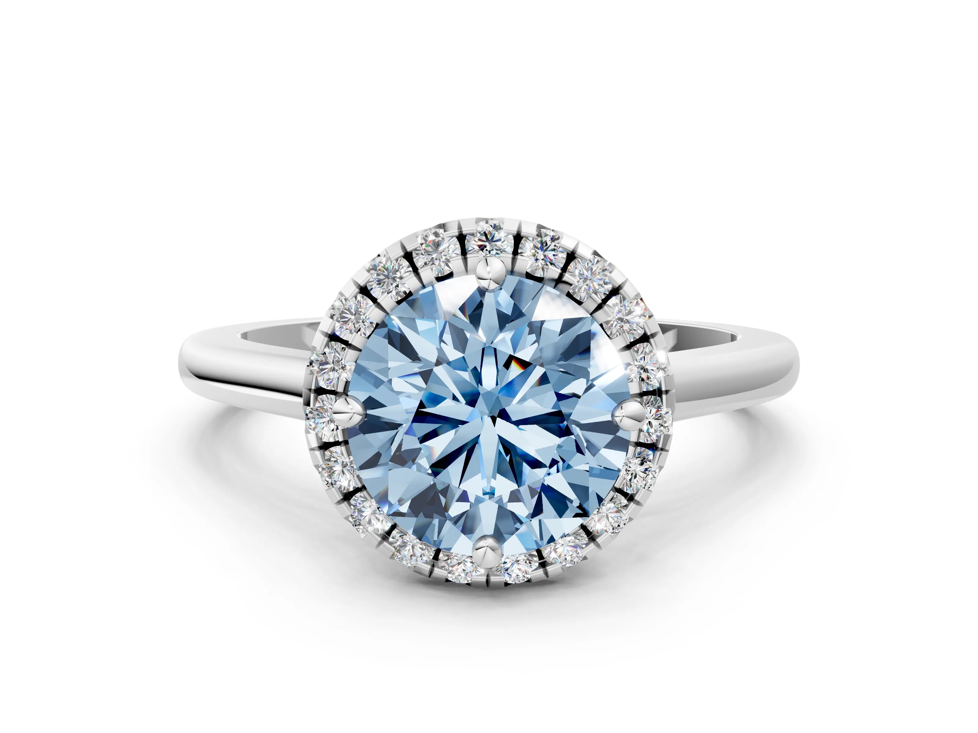White gold Fancy Blue Round Cut Halo Round Diamond Solitaire Engagement Ring with Pave Band and Four-Prong Setting_24