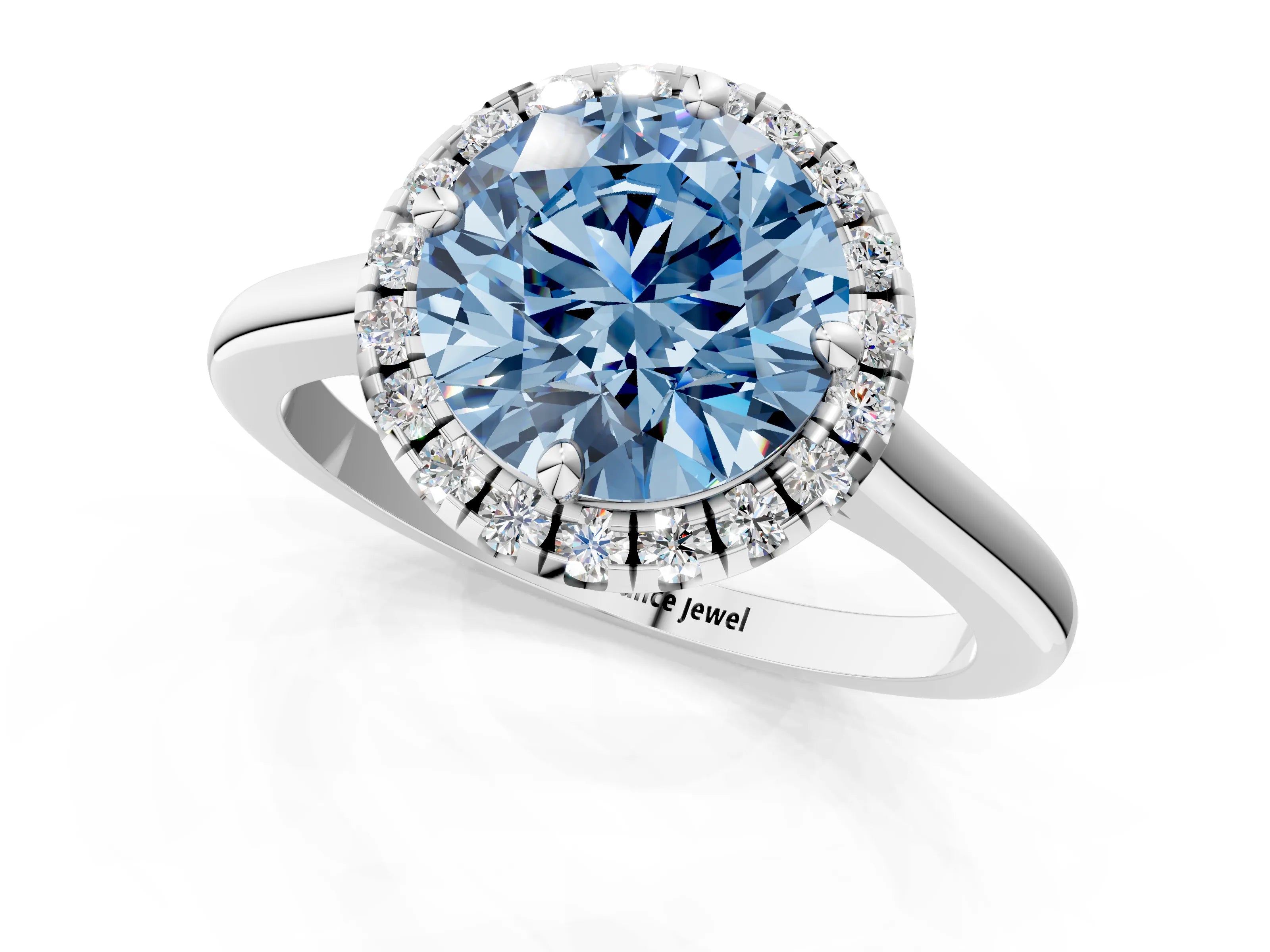 White gold Fancy Blue Round Cut Halo Round Diamond Solitaire Engagement Ring with Pave Band and Four-Prong Setting_26