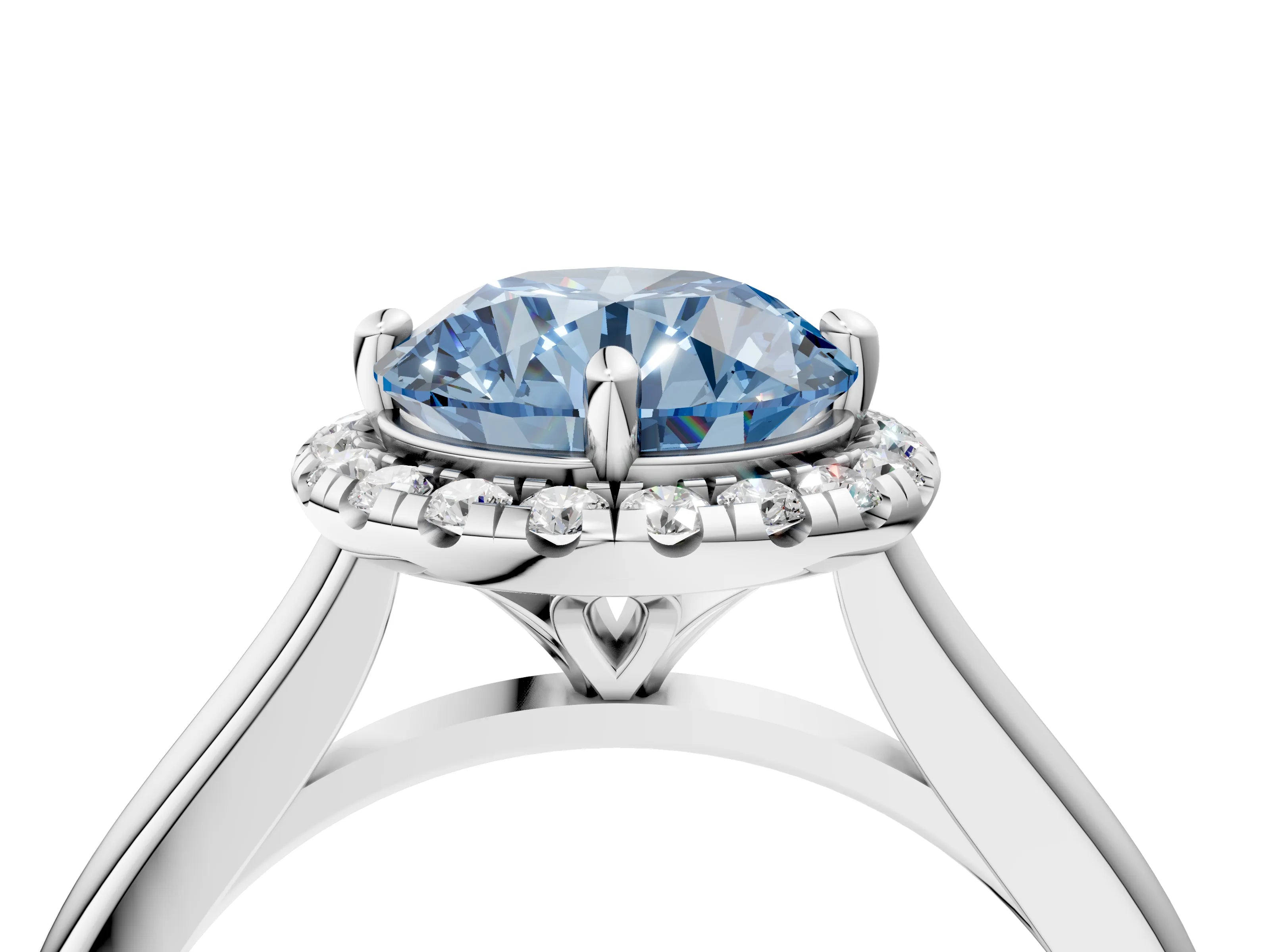 White gold Fancy Blue Round Cut Halo Round Diamond Solitaire Engagement Ring with Pave Band and Four-Prong Setting_28