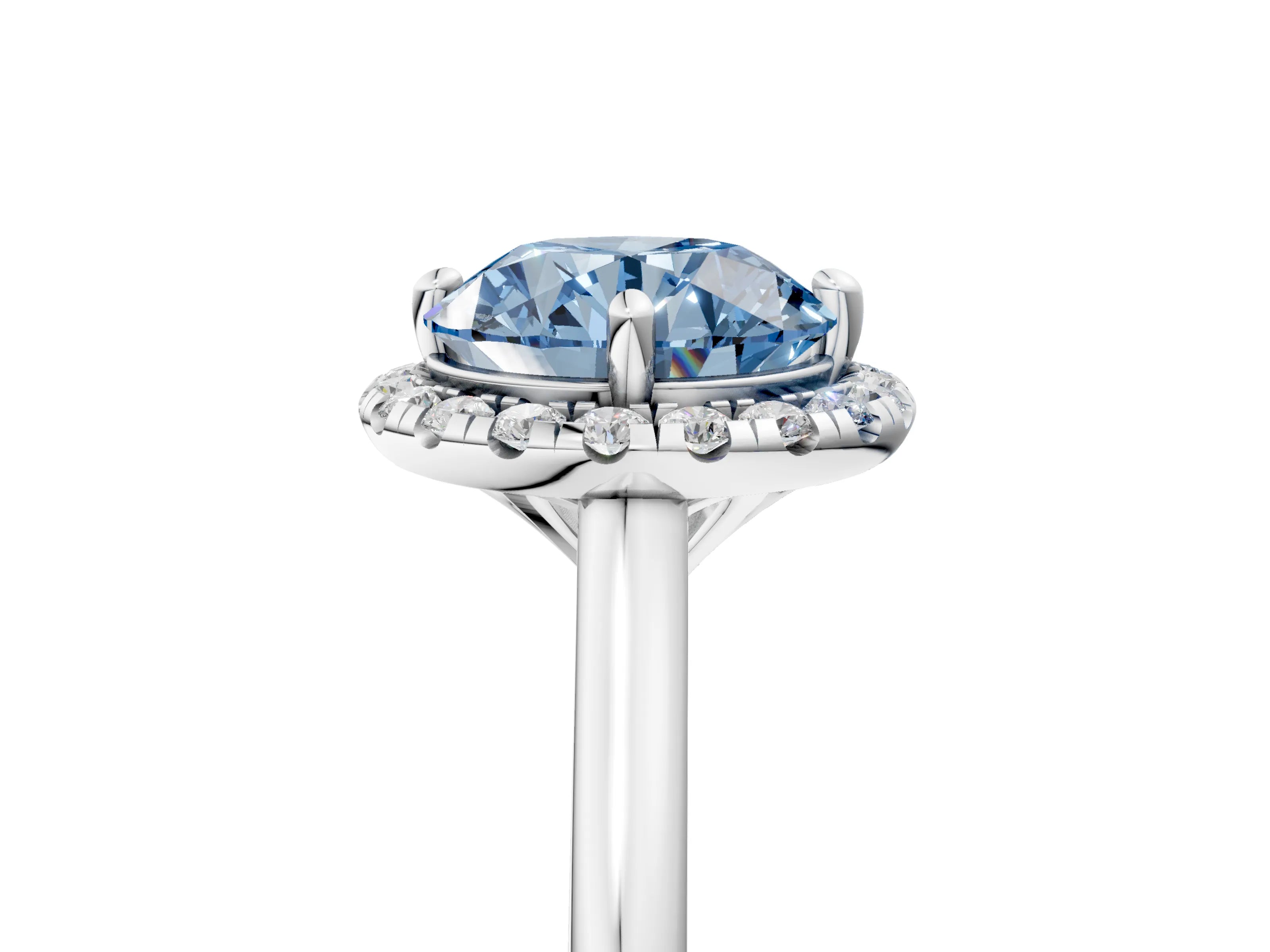White gold Fancy Blue Round Cut Halo Round Diamond Solitaire Engagement Ring with Pave Band and Four-Prong Setting_30