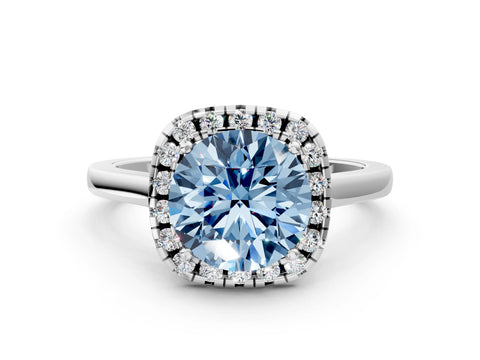 White gold Fancy Blue Round Cut Halo Round Diamond Solitaire Ring with Pavé Band and Four-Prong Setting_12