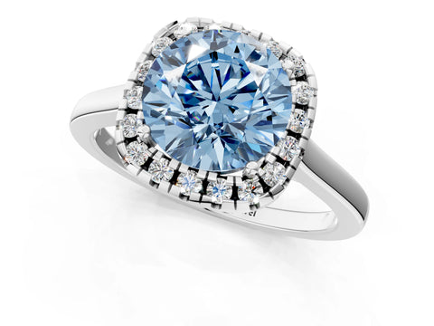 White gold Fancy Blue Round Cut Halo Round Diamond Solitaire Ring with Pavé Band and Four-Prong Setting_13