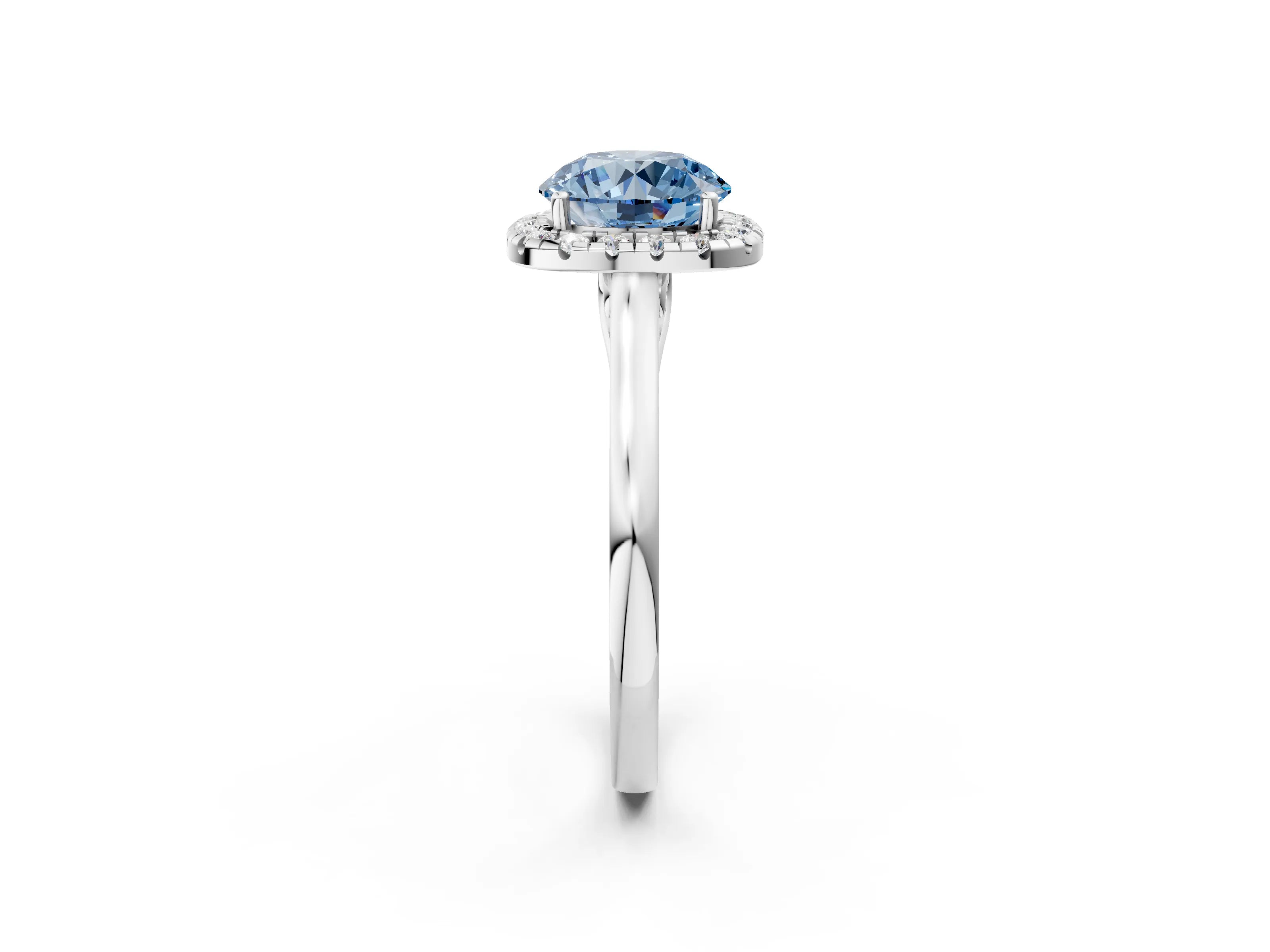 White gold Fancy Blue Round Cut Halo Round Diamond Solitaire Ring with Pavé Band and Four-Prong Setting_20