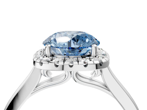 White gold Fancy Blue Round Cut Halo Round Diamond Solitaire Ring with Pavé Band and Four-Prong Setting_22