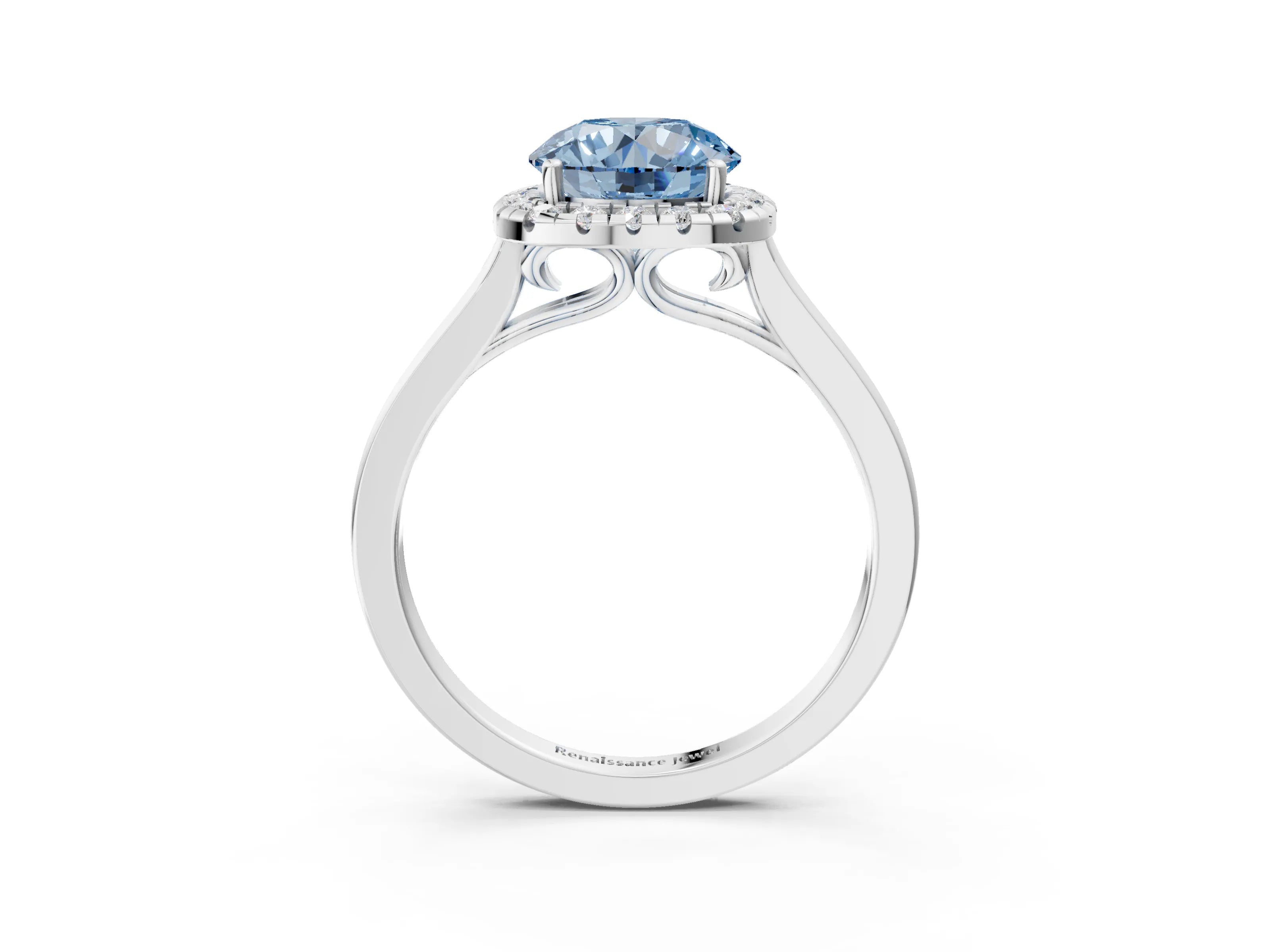 White gold Fancy Blue Round Cut Halo Round Diamond Solitaire Ring with Pavé Band and Four-Prong Setting_26