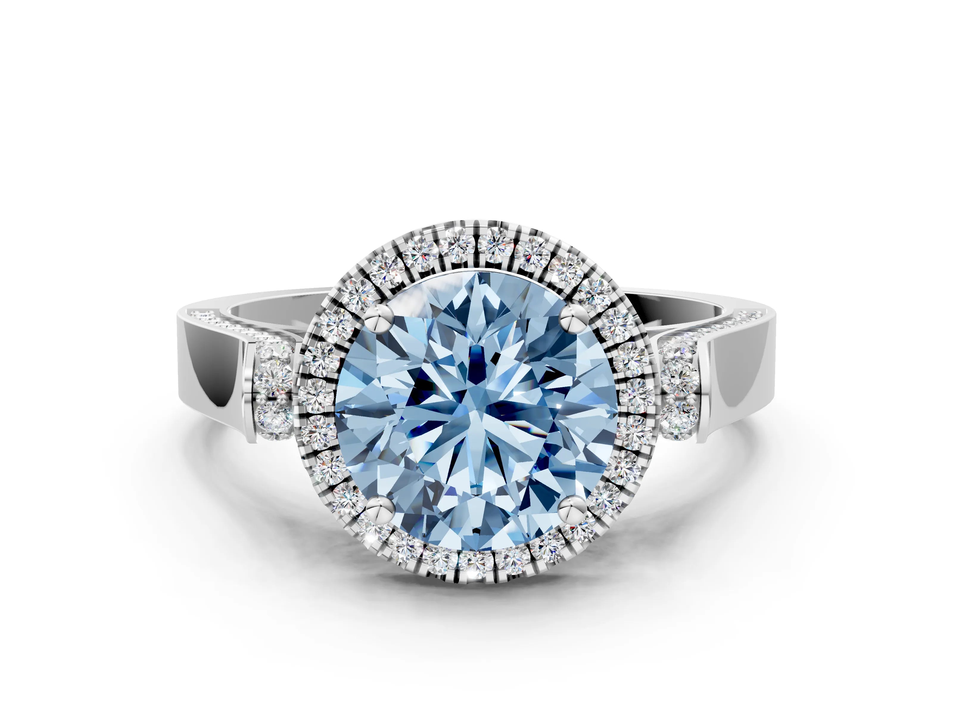 White gold Fancy Blue Round Cut Halo Round Diamond Twist Band with Four-Prong Setting_24