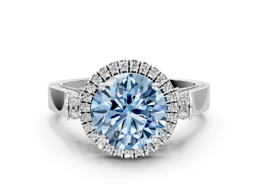 White gold Fancy Blue Round Cut Halo Round Diamond Twist Band with Four-Prong Setting_24