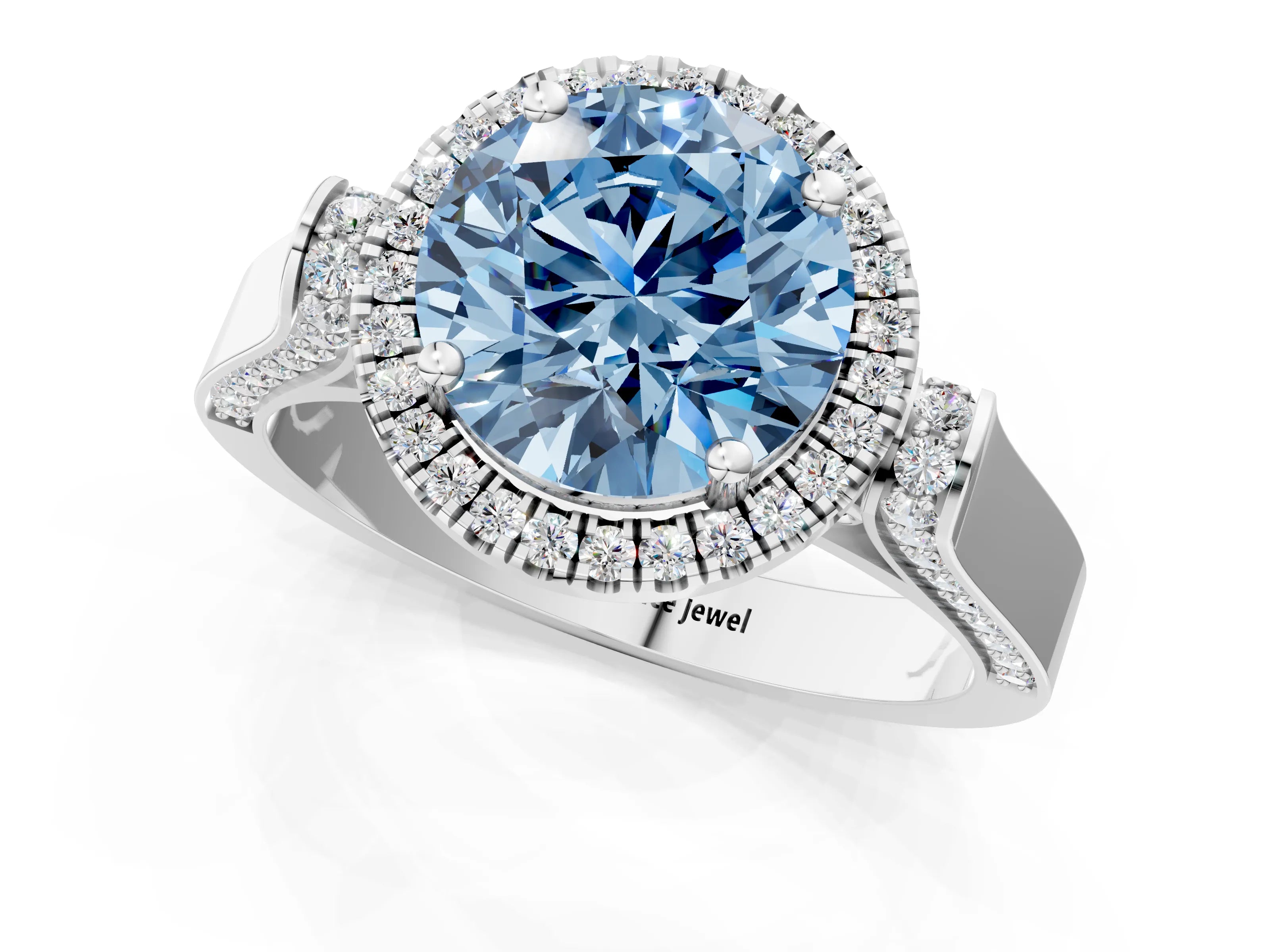 White gold Fancy Blue Round Cut Halo Round Diamond Twist Band with Four-Prong Setting_25