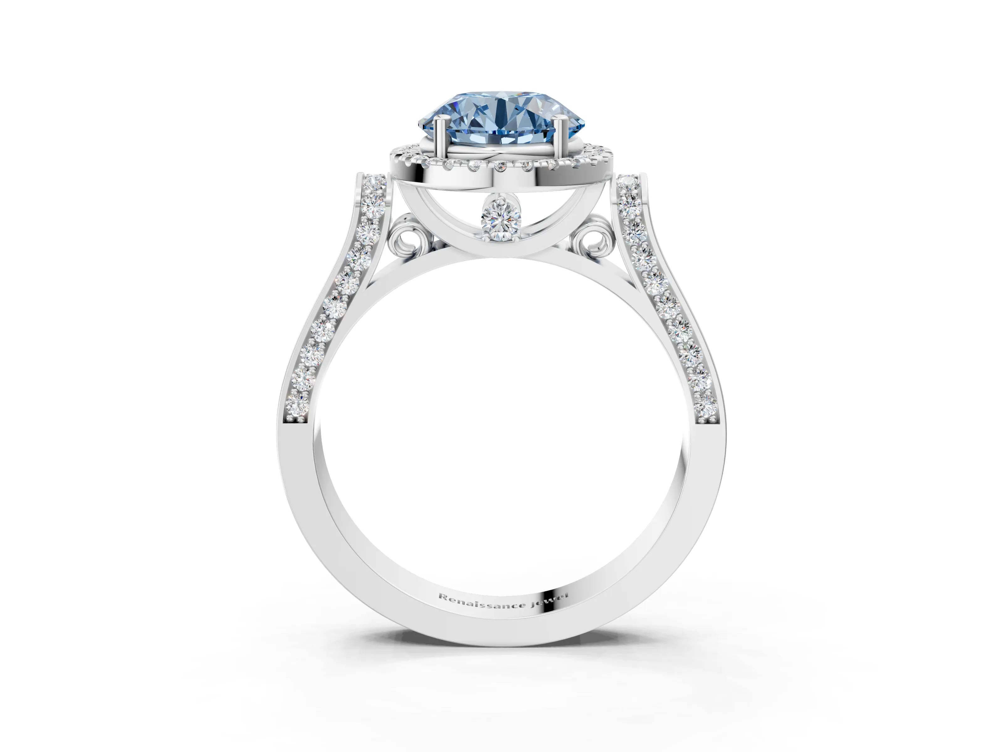 White gold Fancy Blue Round Cut Halo Round Diamond Twist Band with Four-Prong Setting_27