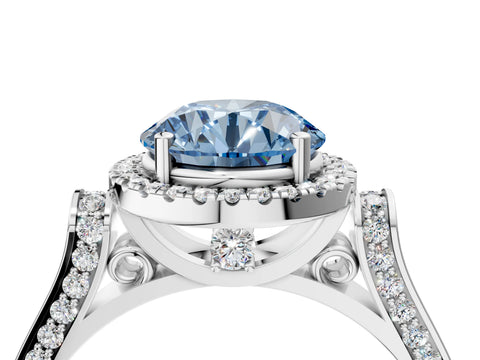 White gold Fancy Blue Round Cut Halo Round Diamond Twist Band with Four-Prong Setting_28