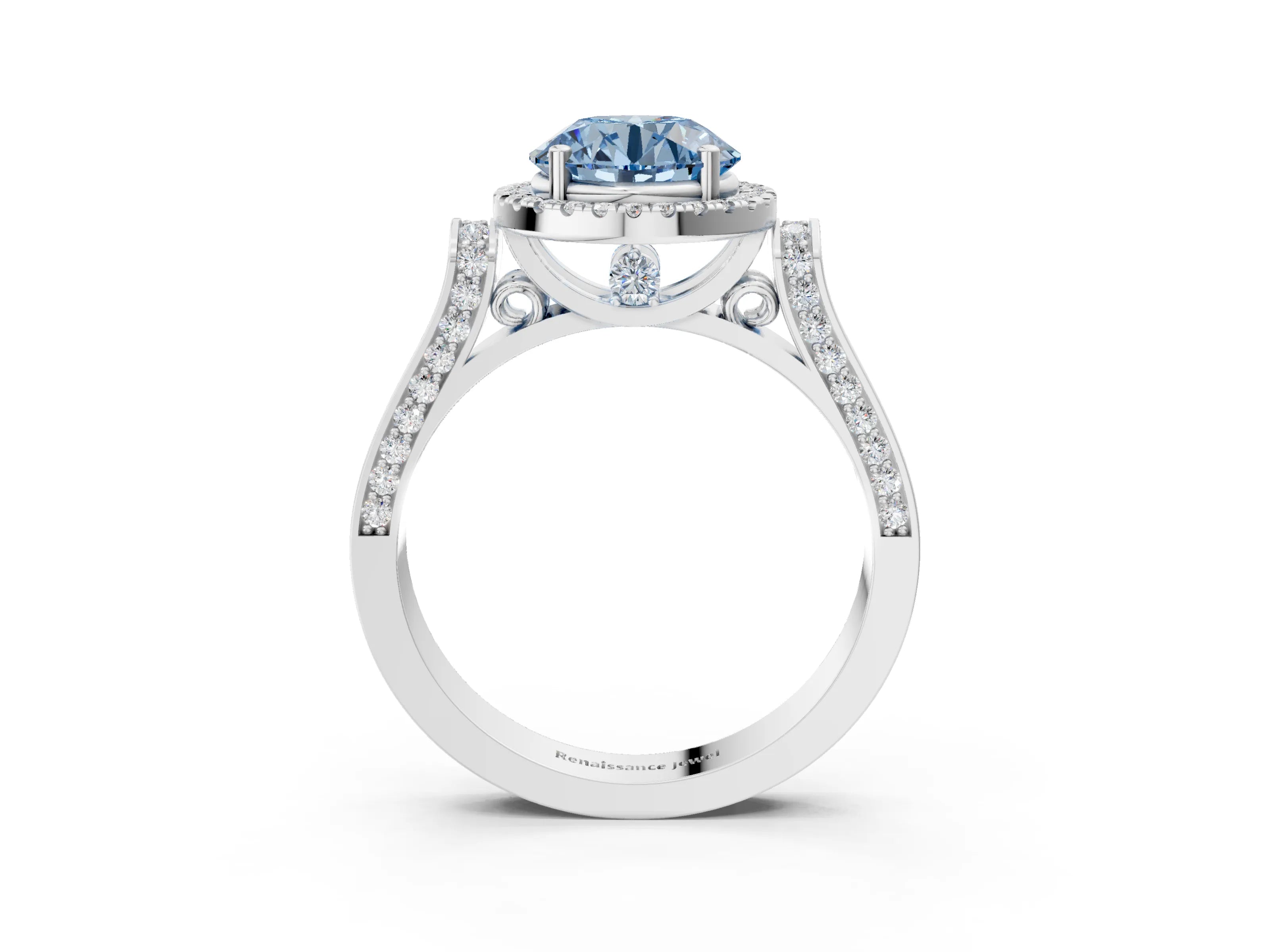 White gold Fancy Blue Round Cut Halo Round Diamond Twist Band with Four-Prong Setting_3