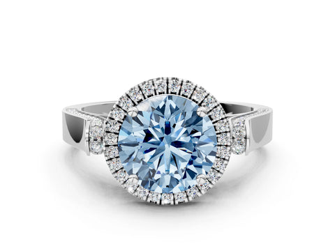 White gold Fancy Blue Round Cut Halo Round Diamond Twist Band with Four-Prong Setting