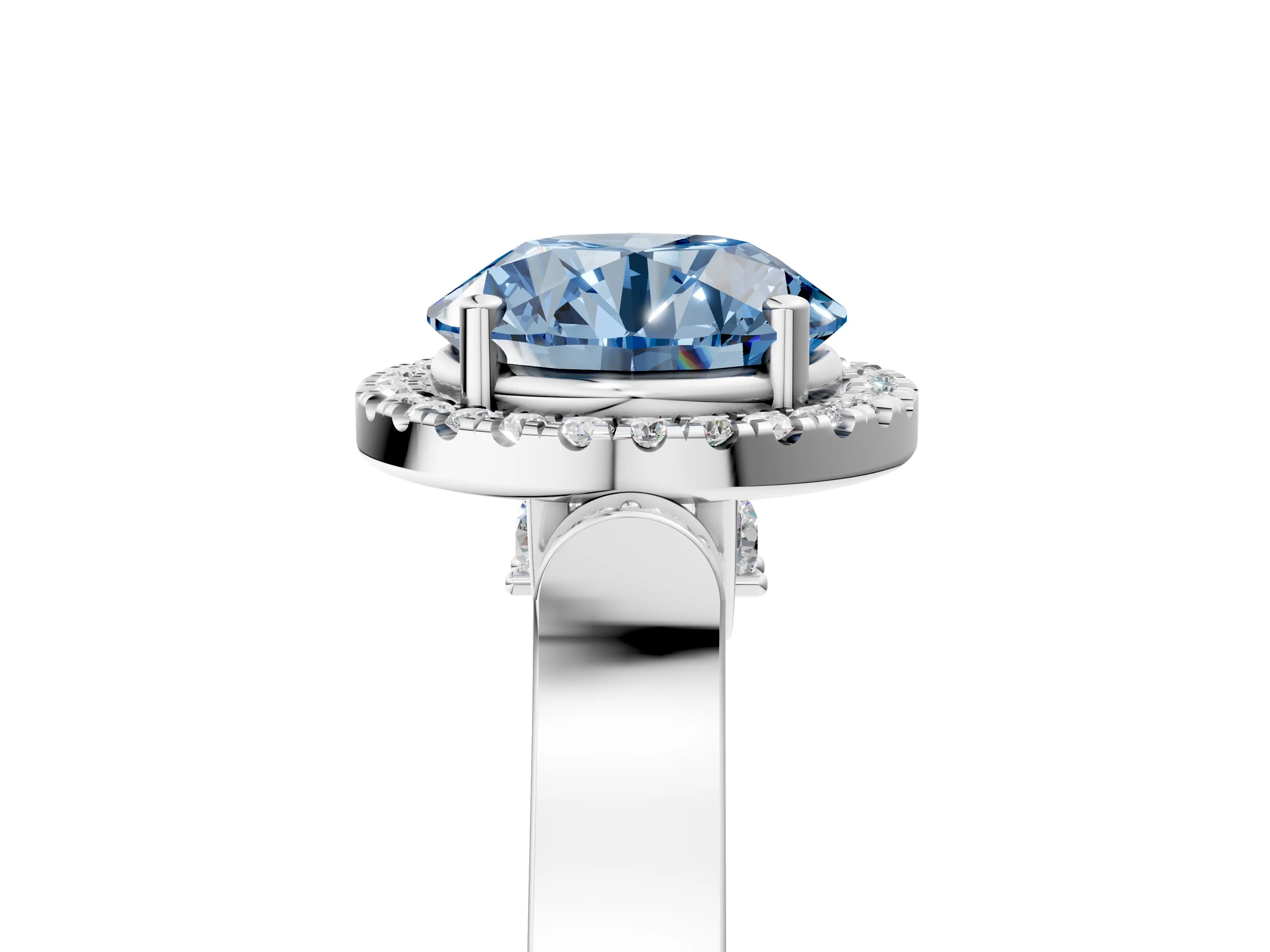 White gold Fancy Blue Round Cut Halo Round Diamond Twist Band with Four-Prong Setting_5