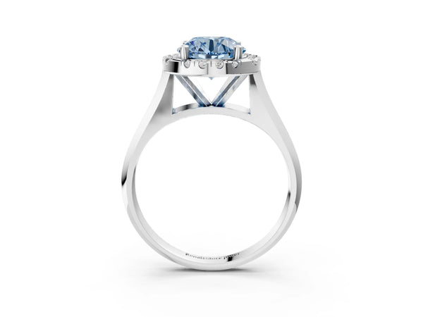 White gold Fancy Blue Round  Cut Halo Solitaire Engagement Ring with Square Band and Four-Prong Setting