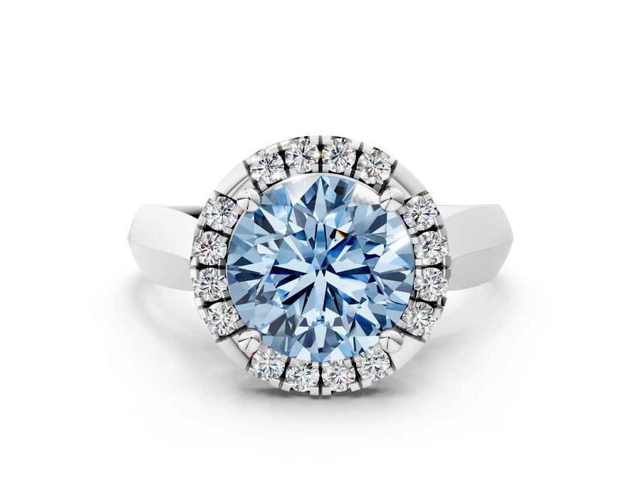 White gold Fancy Blue Round  Cut Halo Solitaire Engagement Ring with Square Band and Four-Prong Setting