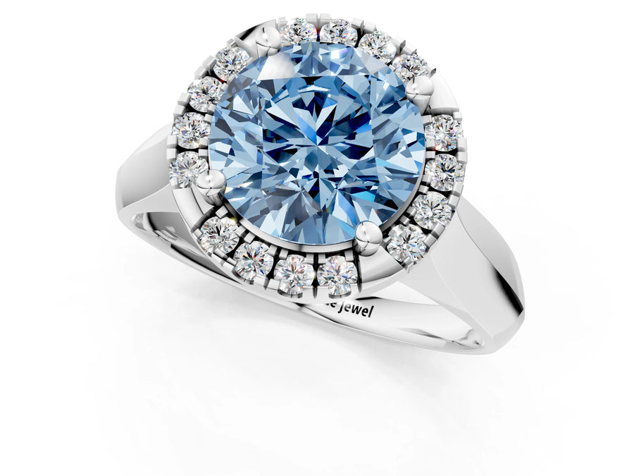 White gold Fancy Blue Round  Cut Halo Solitaire Engagement Ring with Square Band and Four-Prong Setting