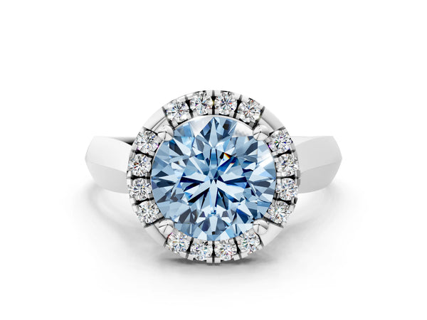 White gold Fancy Blue Round  Cut Halo Solitaire Engagement Ring with Square Band and Four-Prong Setting