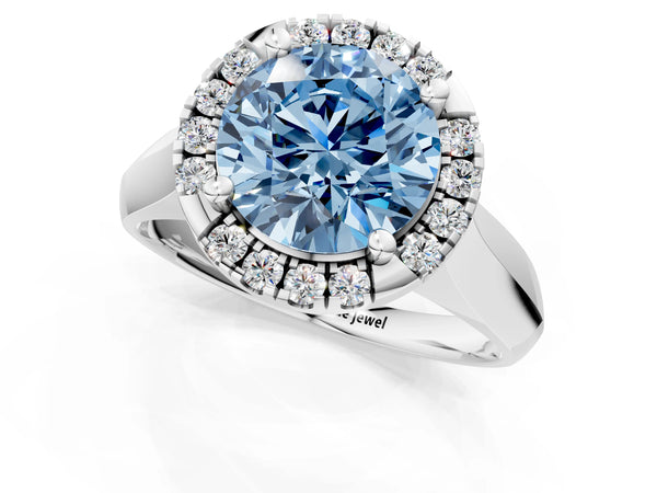 White gold Fancy Blue Round  Cut Halo Solitaire Engagement Ring with Square Band and Four-Prong Setting