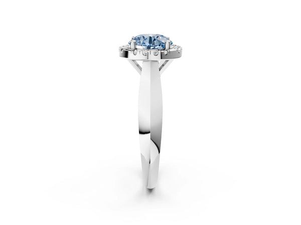 White gold Fancy Blue Round  Cut Halo Solitaire Engagement Ring with Square Band and Four-Prong Setting
