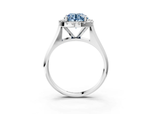 White gold Fancy Blue Round  Cut Halo Solitaire Engagement Ring with Square Band and Four-Prong Setting