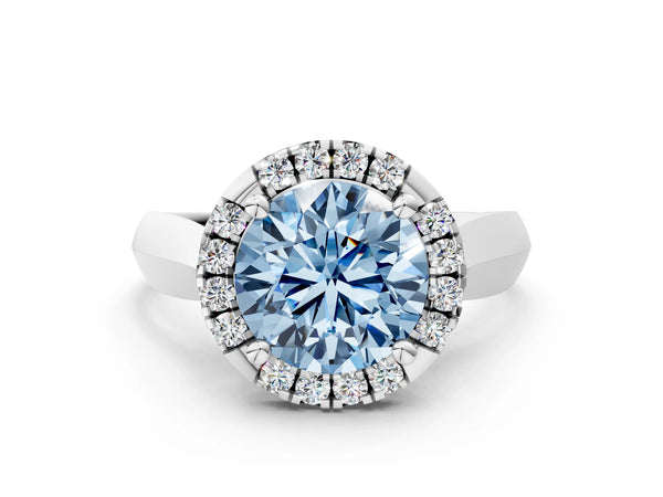 White gold Fancy Blue Round  Cut Halo Solitaire Engagement Ring with Square Band and Four-Prong Setting