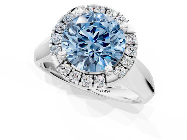 White gold Fancy Blue Round  Cut Halo Solitaire Engagement Ring with Square Band and Four-Prong Setting