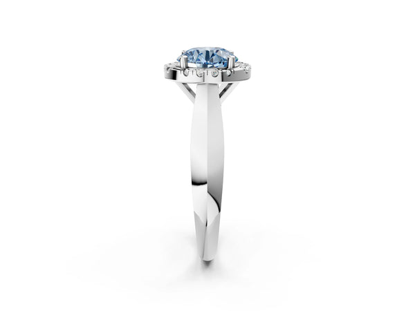 White gold Fancy Blue Round  Cut Halo Solitaire Engagement Ring with Square Band and Four-Prong Setting
