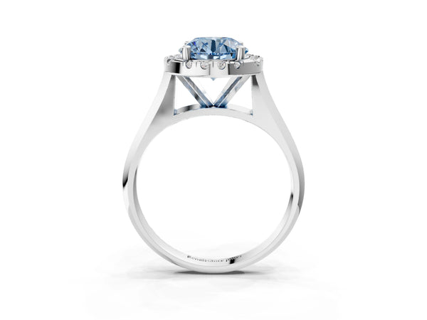 White gold Fancy Blue Round  Cut Halo Solitaire Engagement Ring with Square Band and Four-Prong Setting