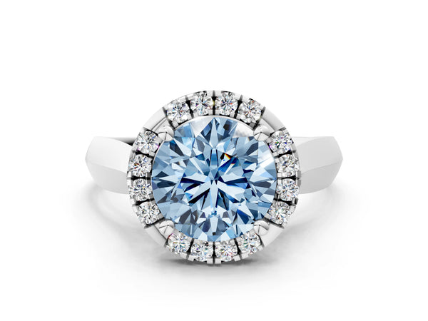 White gold Fancy Blue Round  Cut Halo Solitaire Engagement Ring with Square Band and Four-Prong Setting