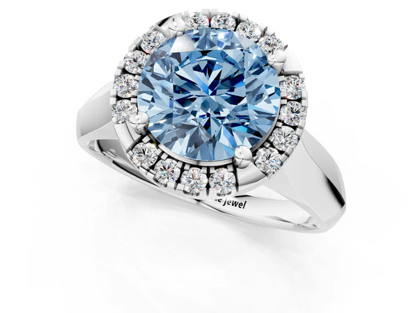White gold Fancy Blue Round  Cut Halo Solitaire Engagement Ring with Square Band and Four-Prong Setting