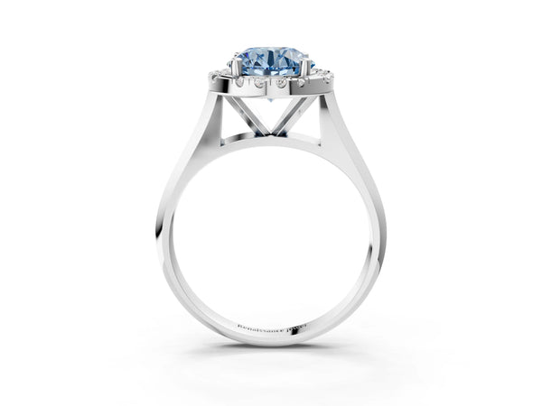 White gold Fancy Blue Round  Cut Halo Solitaire Engagement Ring with Square Band and Four-Prong Setting