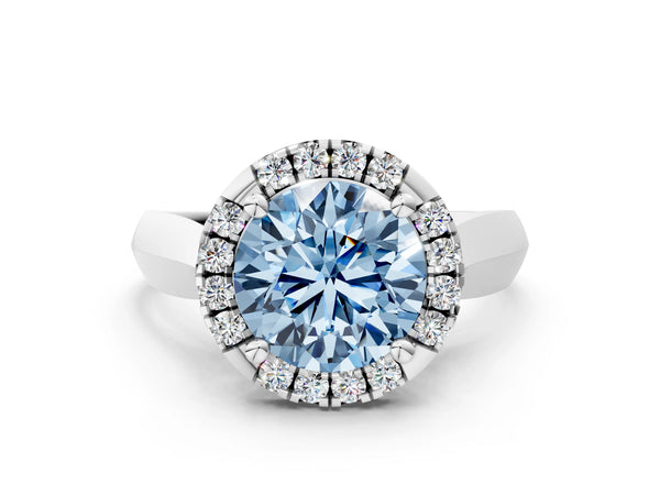 White gold Fancy Blue Round  Cut Halo Solitaire Engagement Ring with Square Band and Four-Prong Setting