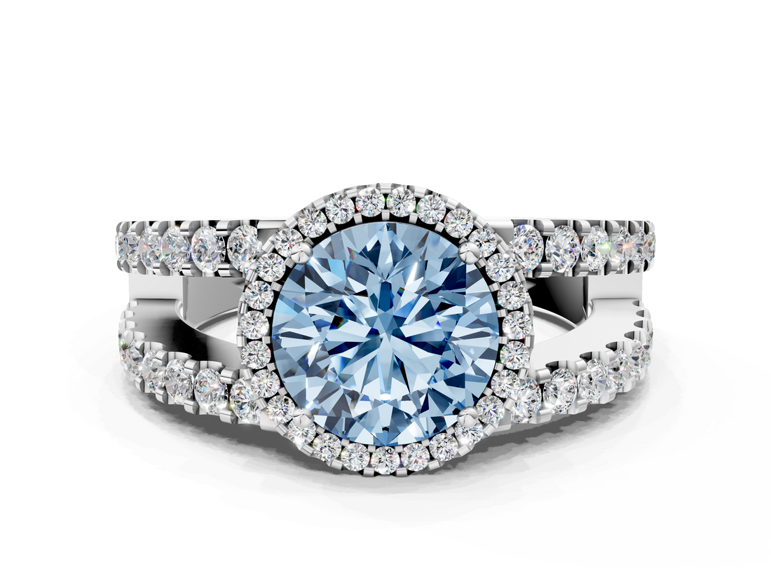 White gold Fancy Blue Round  Cut Halo Split Shank Diamond Ring with Four-Prong Setting_45