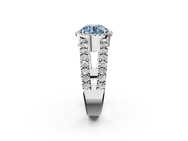 White gold Fancy Blue Round  Cut Halo Split Shank Diamond Ring with Four-Prong Setting