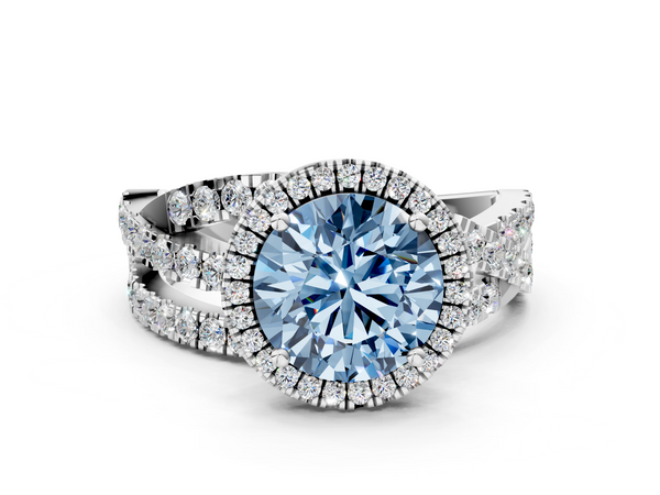White gold Fancy Blue Round  Cut Halo Split Shank Prong Setting Ring