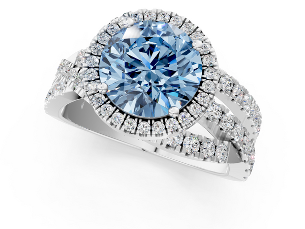 White gold Fancy Blue Round  Cut Halo Split Shank Prong Setting Ring