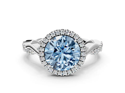 White gold Fancy Blue Round Cut Halo Twist Band with Four-Prong Setting