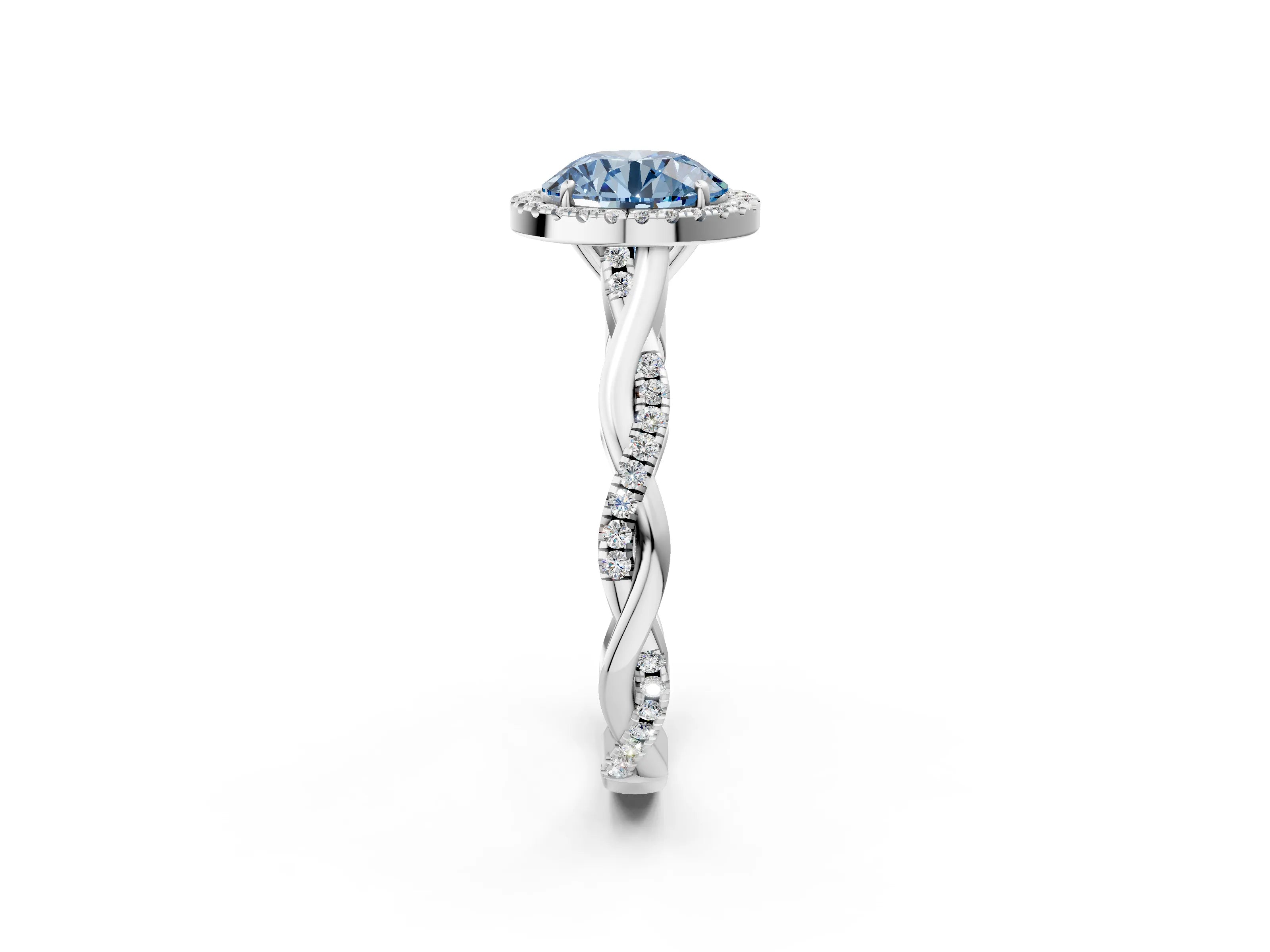 White gold Fancy Blue Round Cut Halo Twist Band with Four-Prong Setting_2