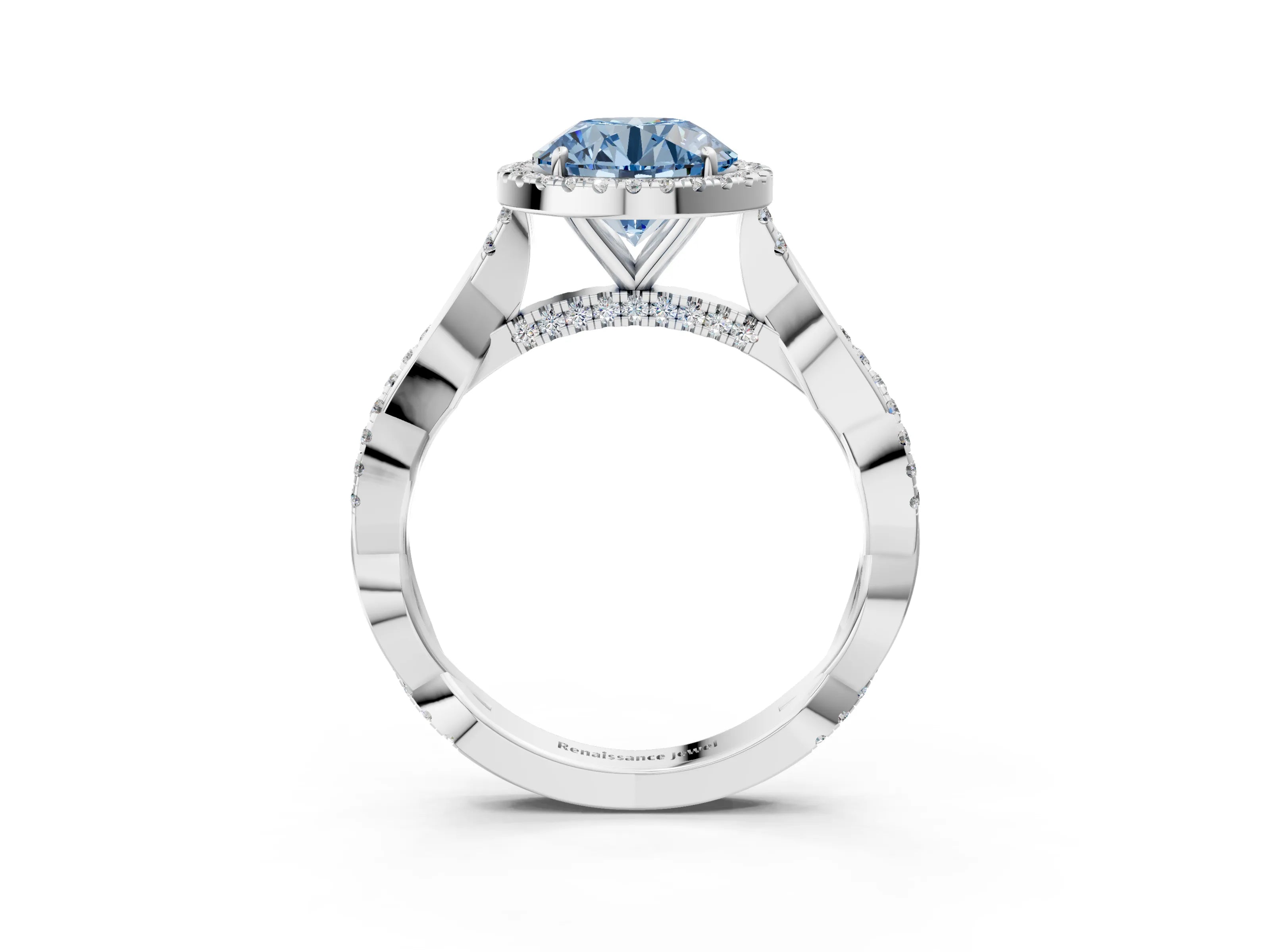 White gold Fancy Blue Round Cut Halo Twist Band with Four-Prong Setting_3