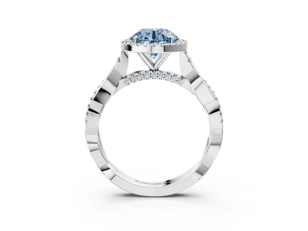 Platinum Fancy Blue Round Cut Halo Twist Band with Four-Prong Setting