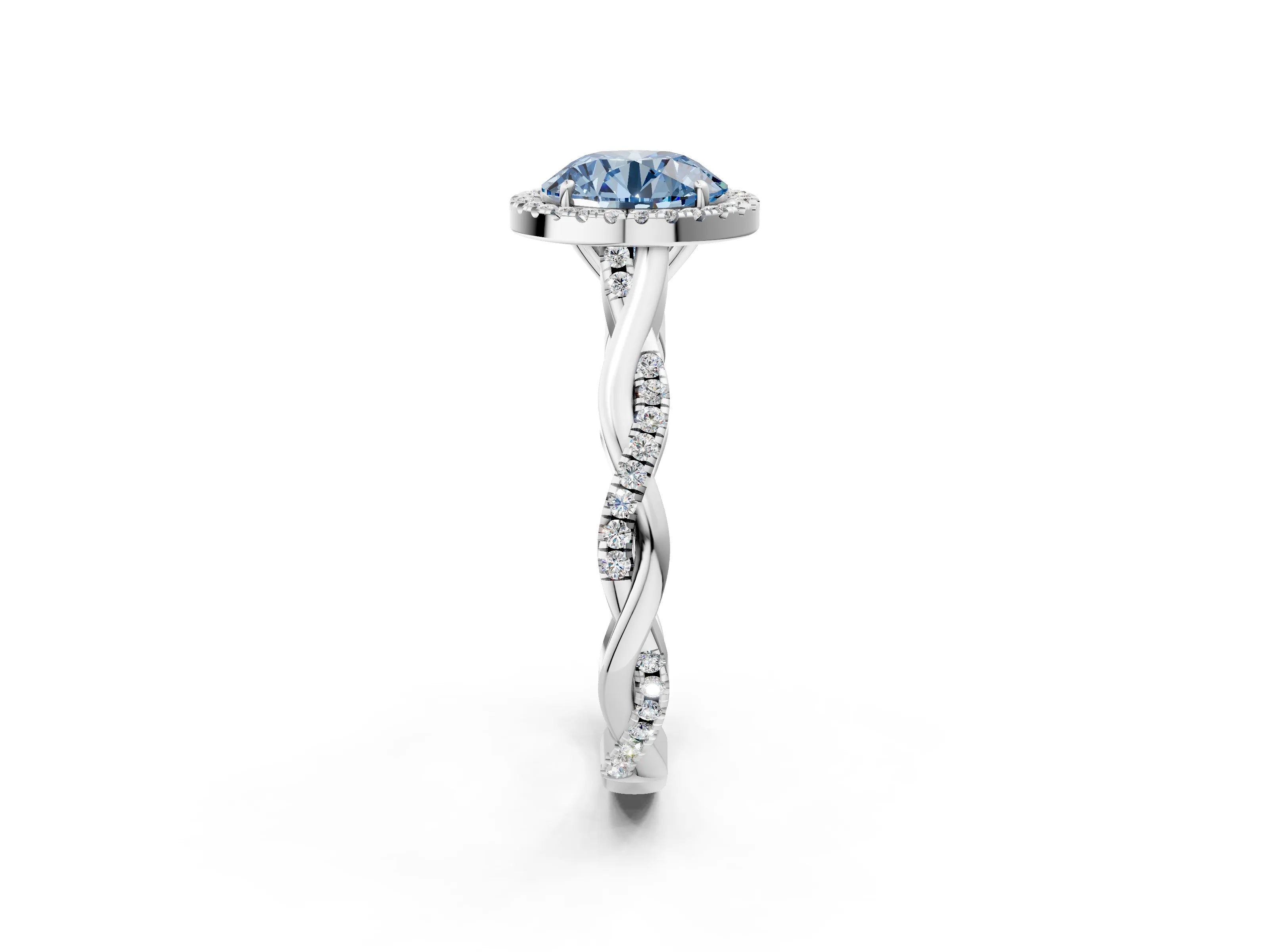 White gold Fancy Blue Round Cut Halo Twist Band with Four-Prong Setting_50