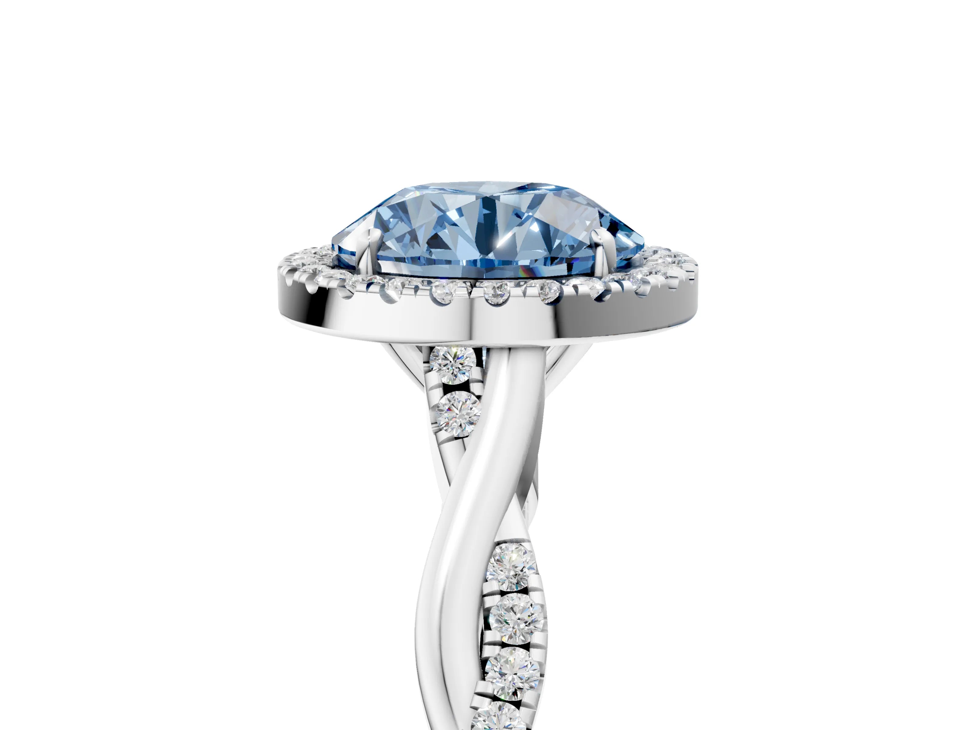 White gold Fancy Blue Round Cut Halo Twist Band with Four-Prong Setting_5