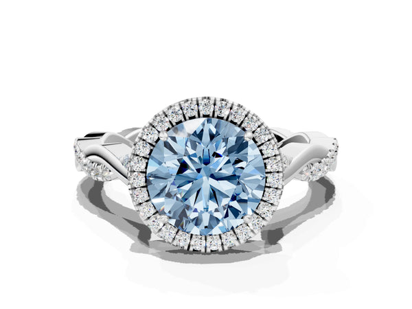 Platinum Fancy Blue Round Cut Halo Twist Band with Four-Prong Setting