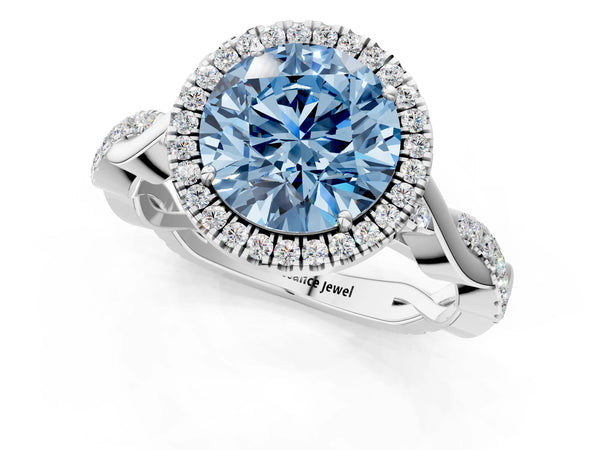 Platinum Fancy Blue Round Cut Halo Twist Band with Four-Prong Setting
