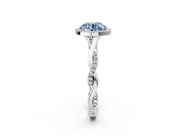 Platinum Fancy Blue Round Cut Halo Twist Band with Four-Prong Setting