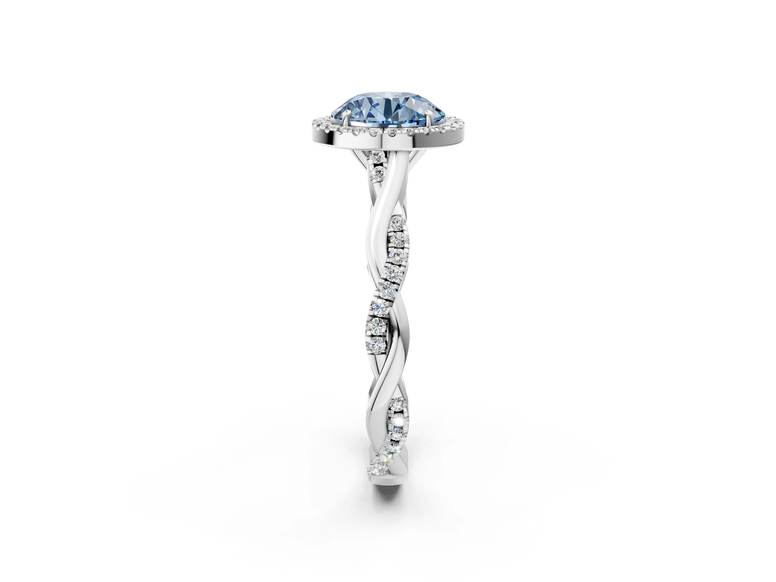 White gold Fancy Blue Round Cut Halo Twist Band with Four-Prong Setting_74