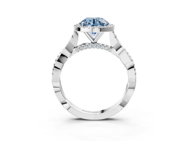 Platinum Fancy Blue Round Cut Halo Twist Band with Four-Prong Setting