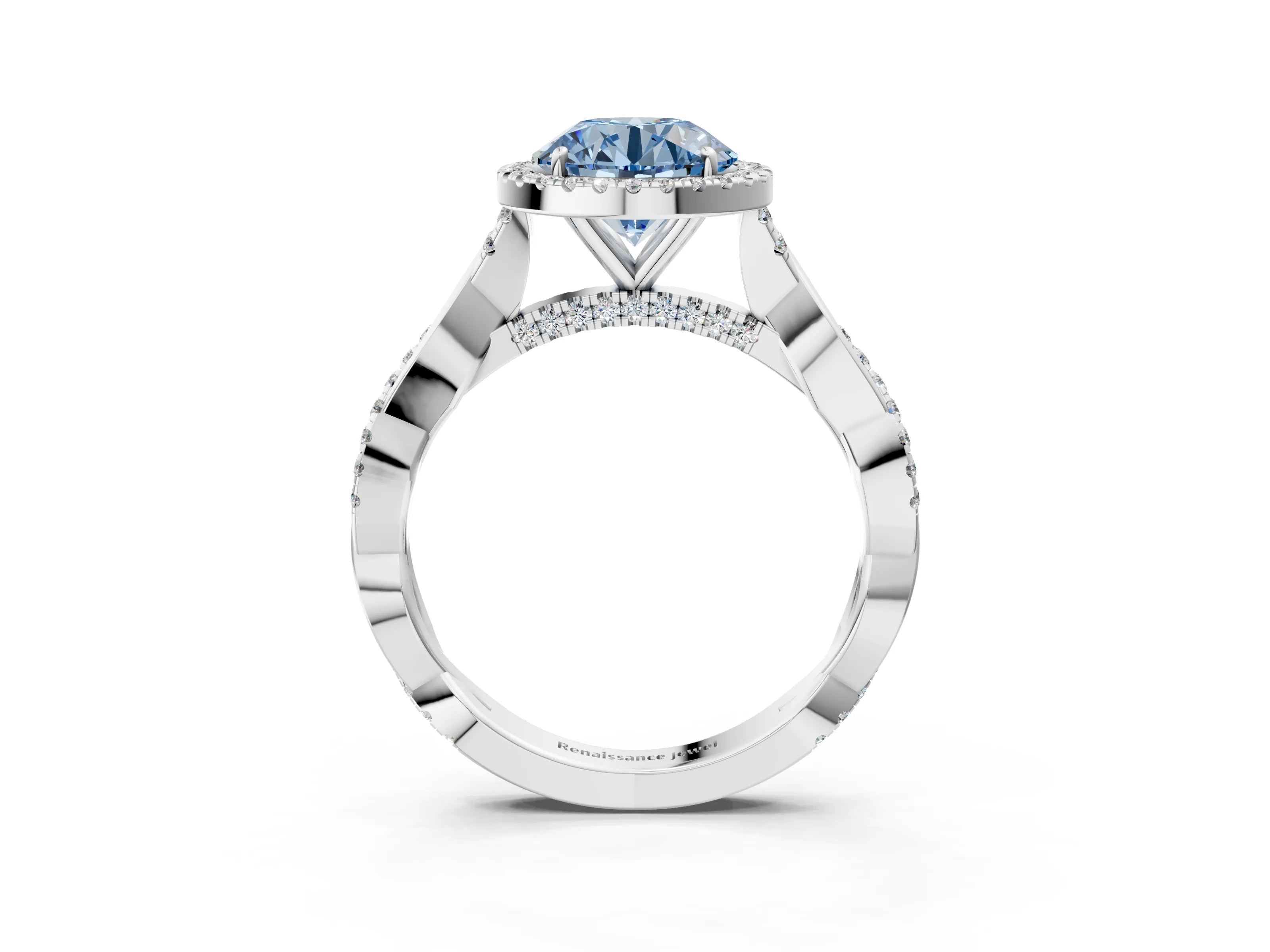 White gold Fancy Blue Round Cut Halo Twist Band with Four-Prong Setting_75